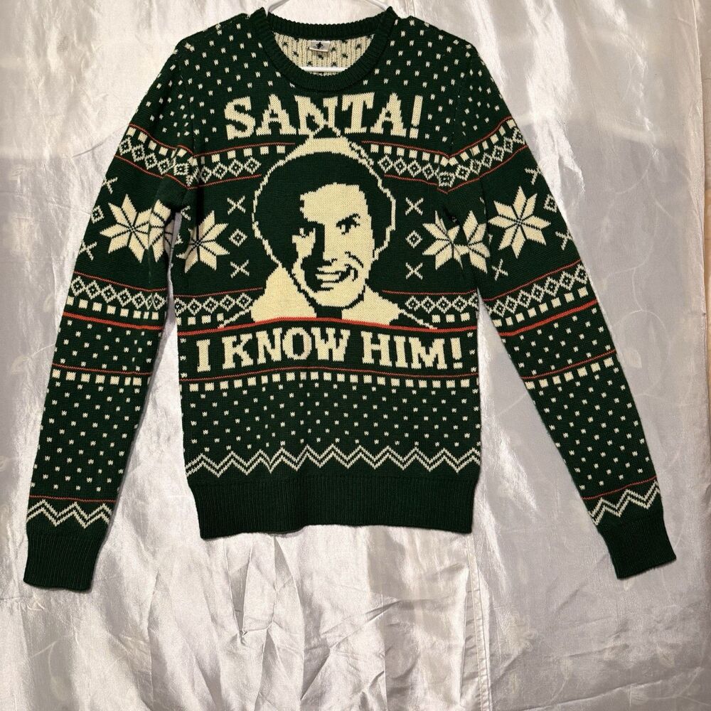 Elf The Movie Ugly Christmas Sweater Santa OMG I Know Him Men’s S Holiday Casual
